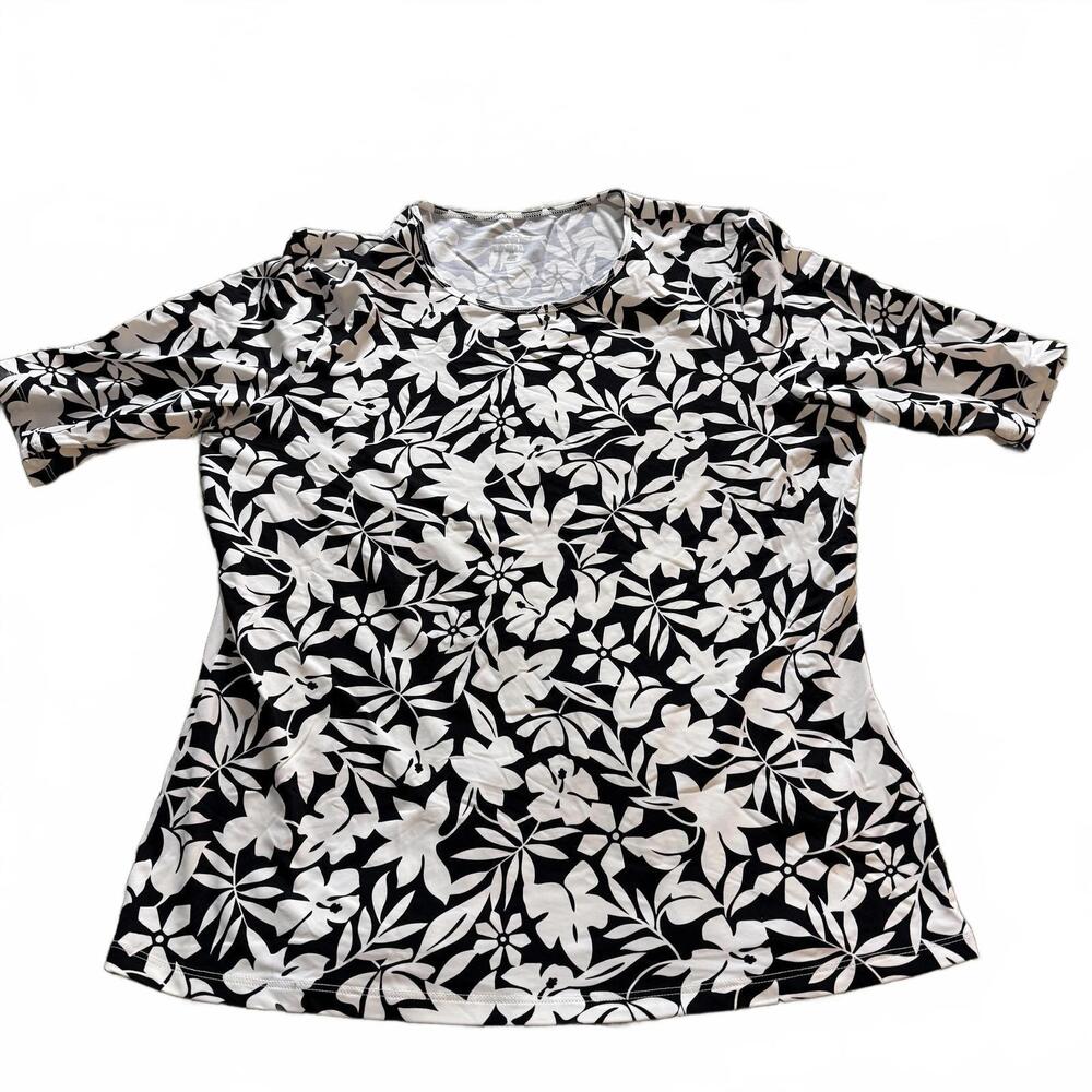 Lands' End Wms SunShade UPF 50 Elbow Sleeve Rash Guard Swim Tee SZ M Blk/White